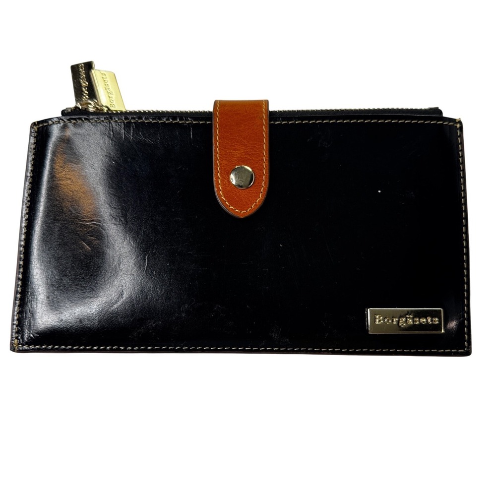 Borgasets Black Leather Bifold Wallet multi Card Slots Gold Zipper close & Snap